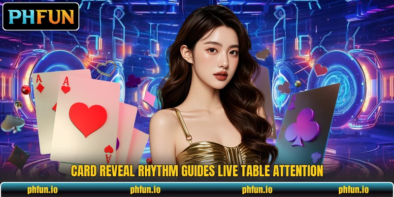 Card reveal rhythm guides live table attention Card reveal rhythm guides live table attention