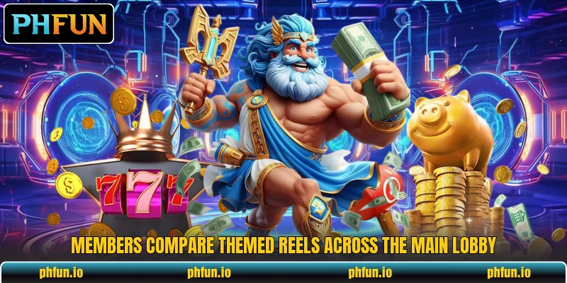 Members compare themed reels across the main lobby Members compare themed reels across the main lobby
