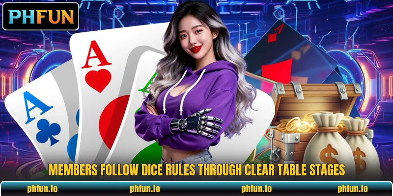 Members follow dice rules through clear table stages Members follow dice rules through clear table stages