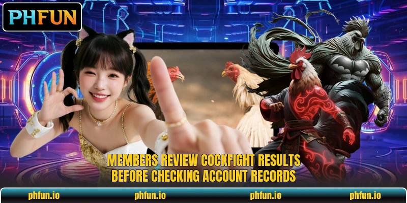 Members review Cockfight Results before checking account records Members review Cockfight Results before checking account records
