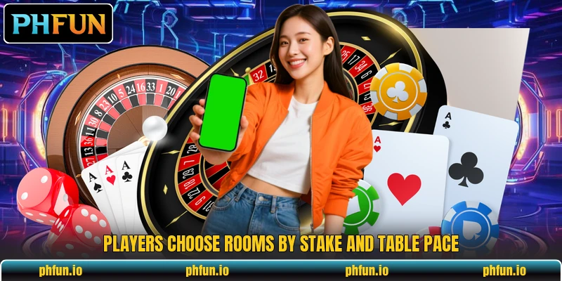 Players choose rooms by stake and table pace Players choose rooms by stake and table pace